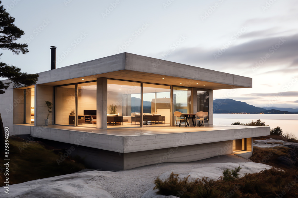 Exterior front view of modern cubic design house in Scandinavian style Exterior front view of modern cubic design house in Scandinavian style