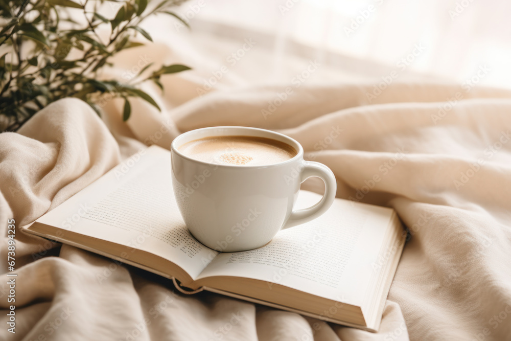 Coffee cup on an open book with cozy blanket.
