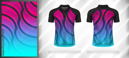 Vector sport pattern design template for Polo T-shirt front and back with short sleeve view mockup. Shades of grey-pink-blue color gradient abstract geometric curve line texture background.