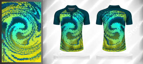 Vector sport pattern design template for Polo T-shirt front and back with short sleeve view mockup. Shades of green-blue-yellow color gradient abstract grunge texture background illustration.