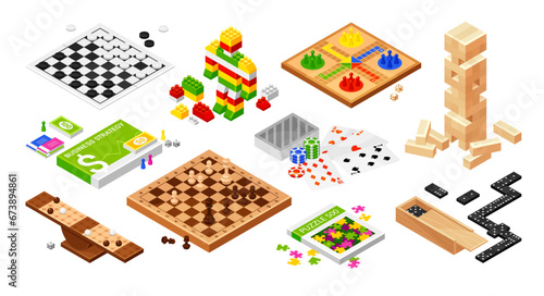 Board game set chess dominoes puzzle checkers and cards isometric vector illustration