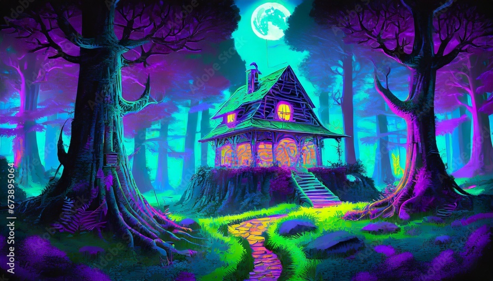 Dom w kolorowym, bajkowym lesie