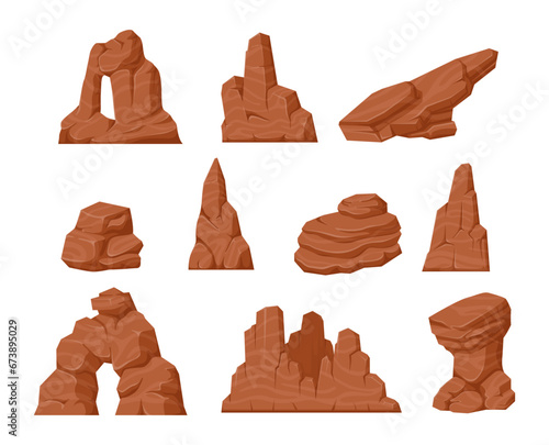Desert rock cartoon stone canyon arc eroded nature boulder different shape set isometric vector