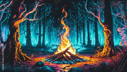 kolorowy las z ogniskiem photo