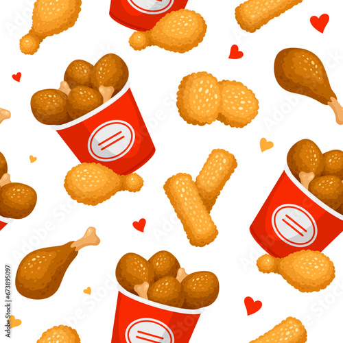 Fast food fried chicken legs wings and sticks in bucket seamless pattern design vector flat