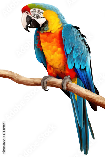 Macaw parrot on a branch isolated on transparent or white background, PNG
