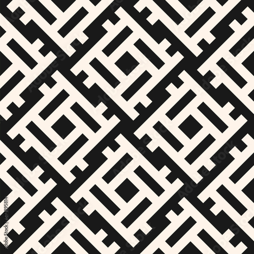 Abstract geometric seamless pattern in ethnic folk style. Simple ornament with lines, squares, grid, repeat tiles. Stylish black and white geo texture. Modern geometrical background. Repeated design