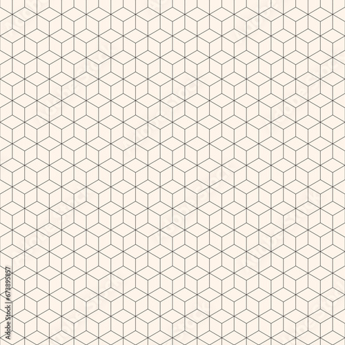 Vector seamless geometric pattern with hexagons and cubes, thin lines grid. Abstract black and white background. Simple linear lattice texture, subtle repeat grid. Geo design for decor, print, cover
