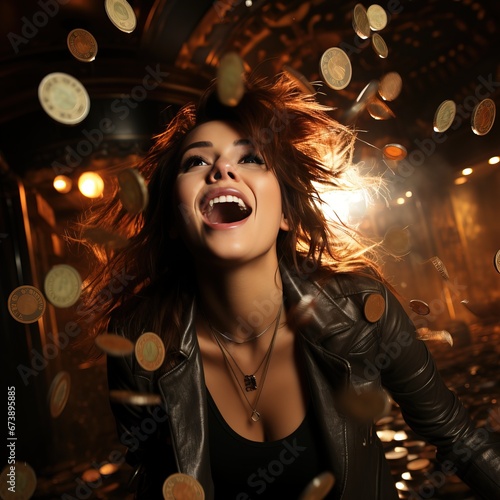 young woman with a rain of coins winning the jackpot, generative ai