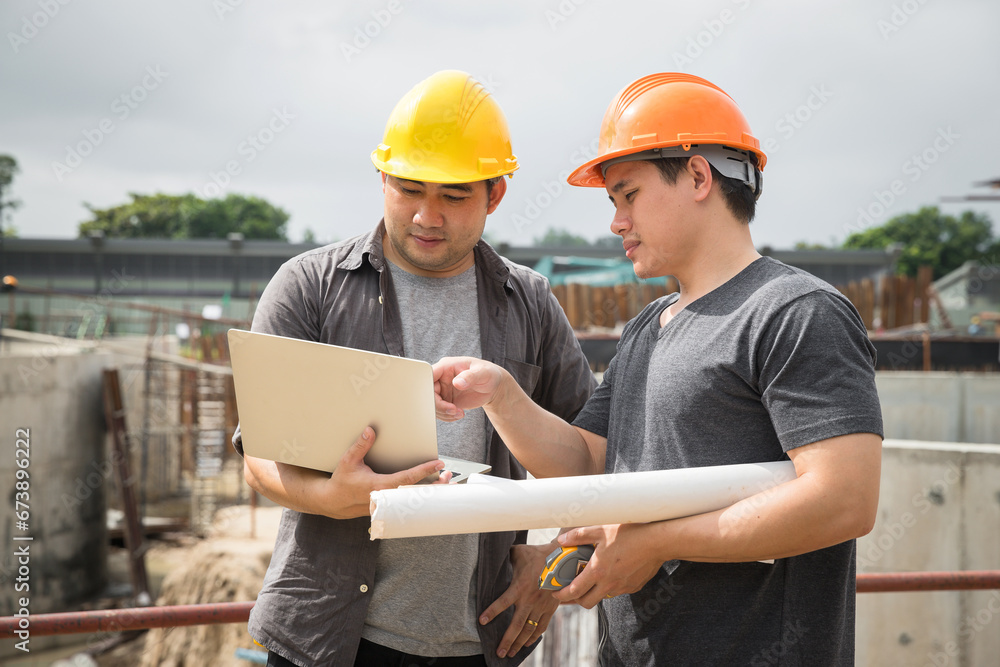 Engineers and architects pointing at laptop screens looking at blueprints. Two Construction Engineers or Architects discussing at work with laptop on construction site and pointing on laptop. Engineers and architects pointing at laptop screens looking at blueprints. Two Construction Engineers or Architects discussing at work with laptop on construction site and pointing on laptop.
