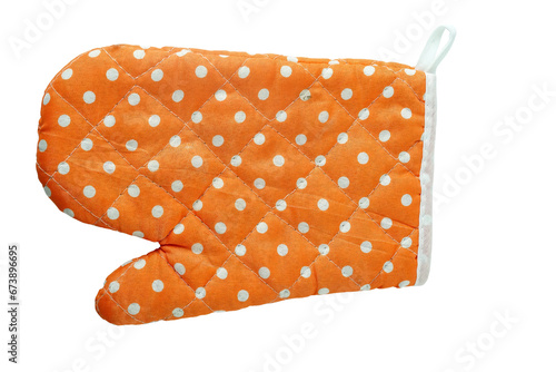 Top view orange textile with white dot cooking gloves for heat protection Isolated on transparent background.