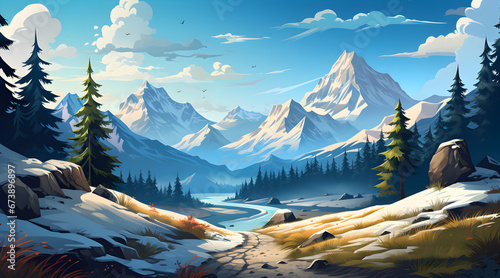 Spring illustration of a mountain valley with a meandering river, lush greenery, and snow-capped peaks under a clear sky.
