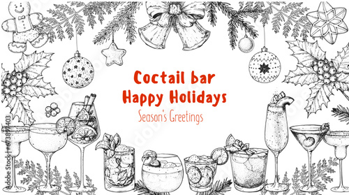 Alcoholic cocktail sketch. Christmas menu. Hand drawn vector illustration. Hand drawn drinks illustration. Cocktails set. New Year menu design elements.