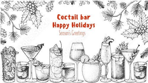 Alcoholic cocktail sketch. Christmas menu. Hand drawn vector illustration. Hand drawn drinks illustration. Cocktails set. New Year menu design elements.