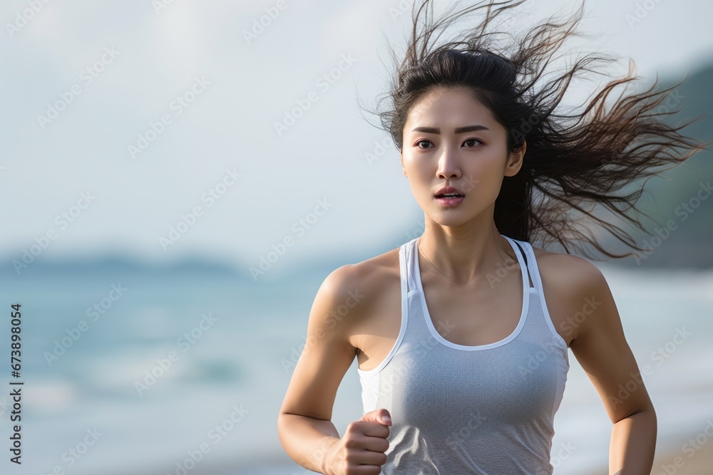 Running woman. Female runner jogging during outdoor workout on beach. Beautiful asian woman Fitness model outdoors.