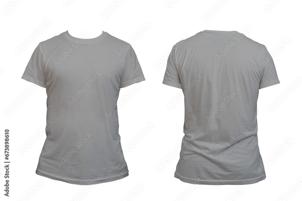 Blank gray t-shirt template for men, from two sides, natural shape on invisible mannequin, for mockup of your design for printing. - obrazy, fototapety, plakaty 