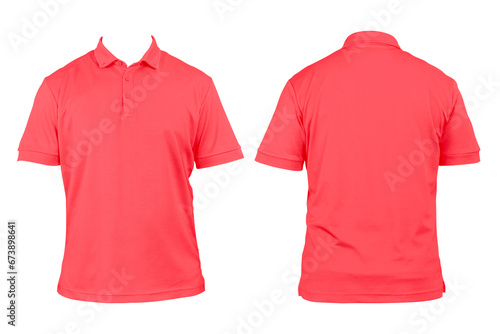 Blank clothing for design. Red polo shirt, clothing on isolated white background, front and back view, isolated black, plain t-shirt. Mockup.