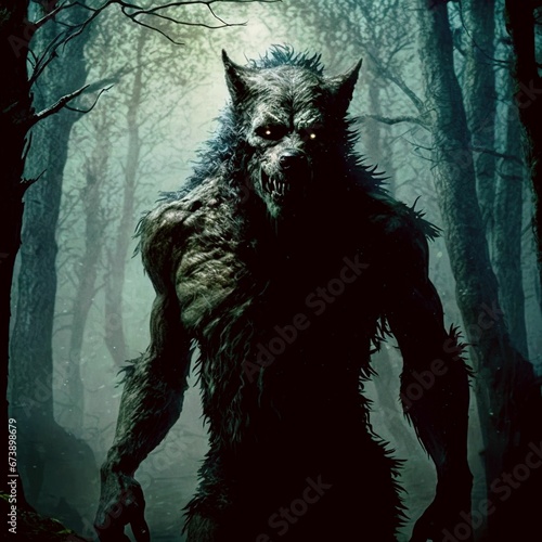 AI generated illustration of a supernatural creature with wolf-like features, in a wooded area