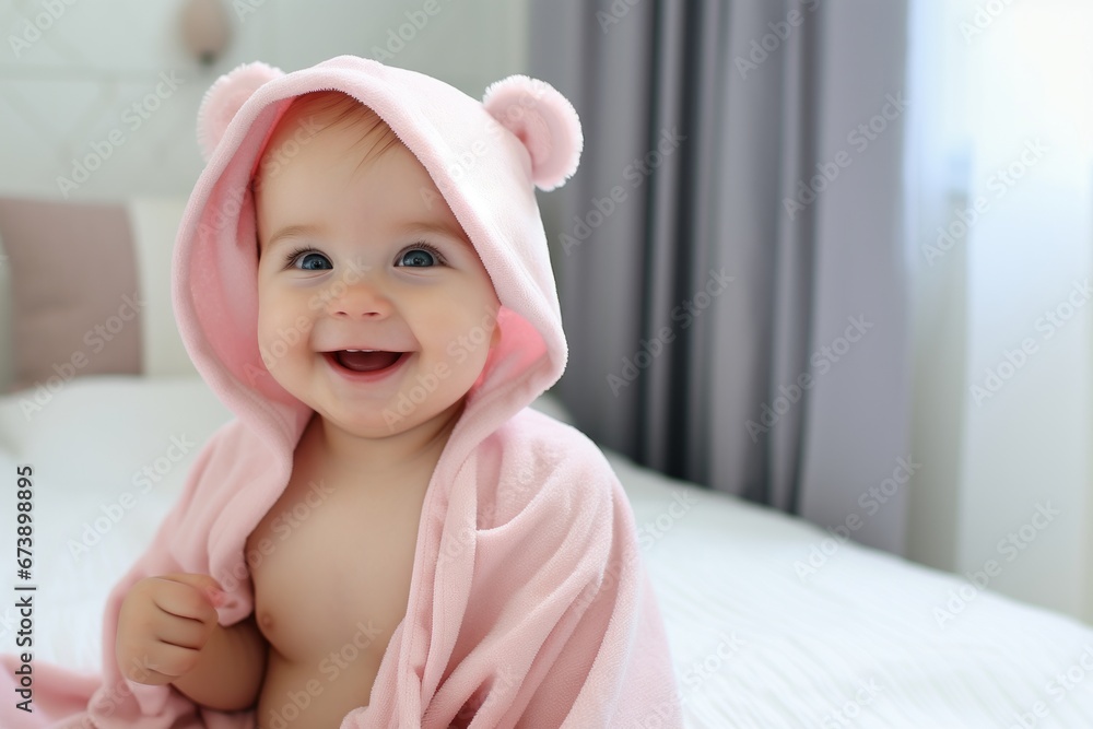 Cute happy laughing baby girl in soft bathrobe after bath playing Cute happy laughing baby girl in soft bathrobe after bath playing
