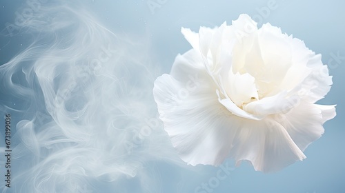  a close up of a white flower with smoke coming out of the middle of the flower and a light blue background.  generative ai