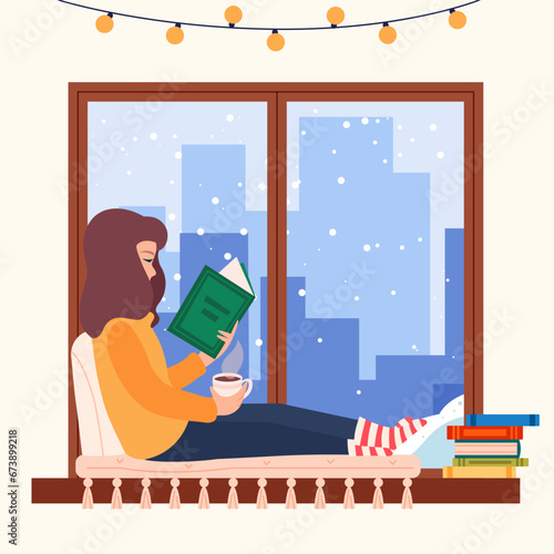 Young woman  reading book sitting by the window. Girl inside home spent time for reading book on holiday or vacation.  Window with winter landscape with falling snow cartoon vector illustration.