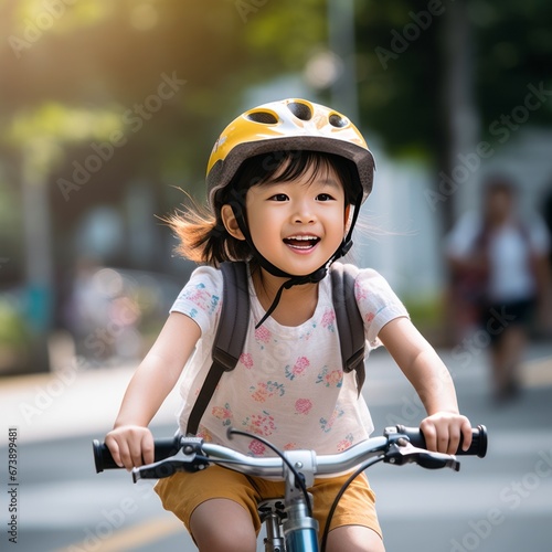 Cute little girl having fun by riding bicycle.