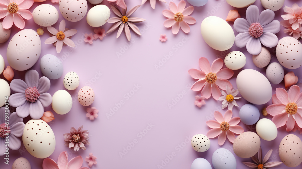 creative easter layout. horizontal pattern made with spring flowers and eggs on a pastel lilac background. copy space. top view. flat lay creative easter layout. horizontal pattern made with spring flowers and eggs on a pastel lilac background. copy space. top view. flat lay