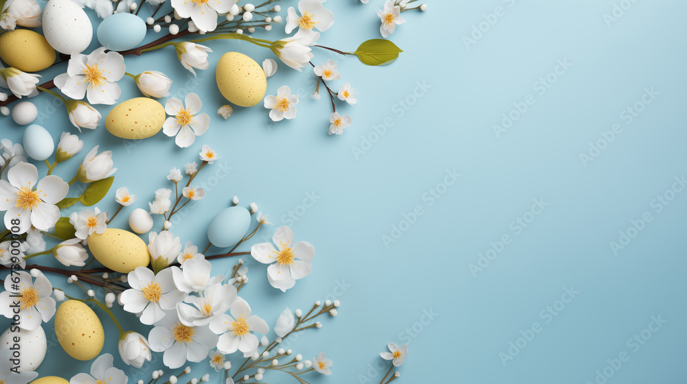 creative easter layout. horizontal pattern made with spring flowers and eggs on a pastel blue background. copy space. top view. flat lay 