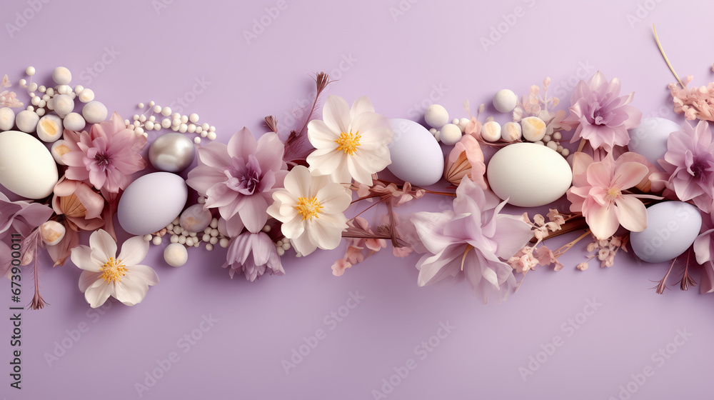 creative easter layout. horizontal pattern made with spring flowers and eggs on a pastel lilac background. copy space. top view. flat lay creative easter layout. horizontal pattern made with spring flowers and eggs on a pastel lilac background. copy space. top view. flat lay