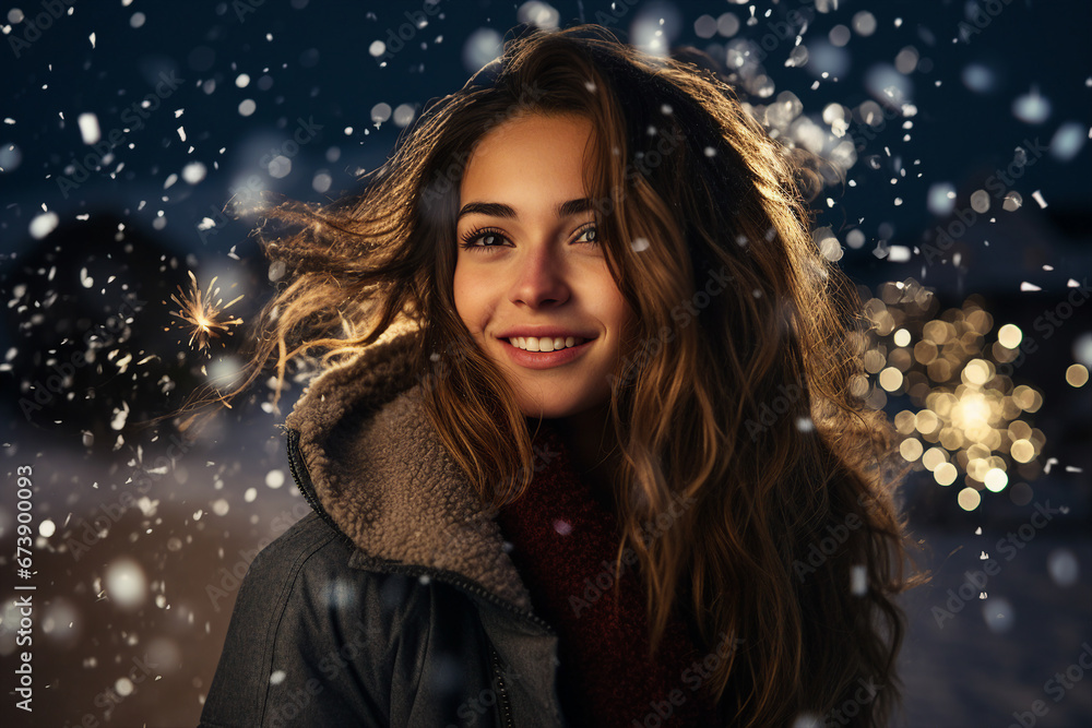 Magic christmas night with snow and fireworks made with Generative AI technology Magic christmas night with snow and fireworks made with Generative AI technology