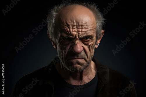 Angry senior Caucasian man, head and shoulders portrait on black background. Neural network generated photorealistic image. Not based on any actual person or scene.
