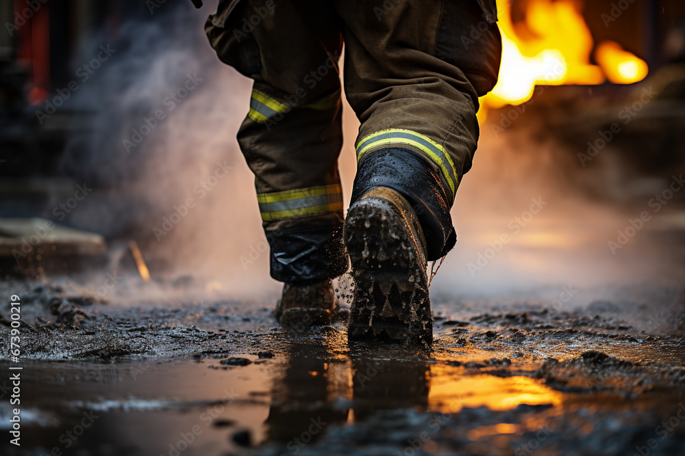 Image generative AI photo of a male professional firefighter in dirty boots Image generative AI photo of a male professional firefighter in dirty boots