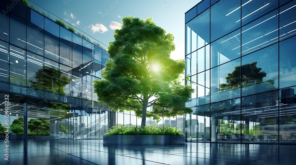 Eco-friendly building in the modern city. Sustainable glass office building with tree for reducing carbon dioxide. Office building with green environment. Corporate building reduce CO2 - obrazy, fototapety, plakaty 