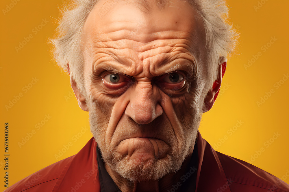 Angry senior Caucasian man, head and shoulders portrait on yellow background. Neural network generated photorealistic image. Not based on any actual person or scene. Angry senior Caucasian man, head and shoulders portrait on yellow background. Neural network generated photorealistic image. Not based on any actual person or scene.