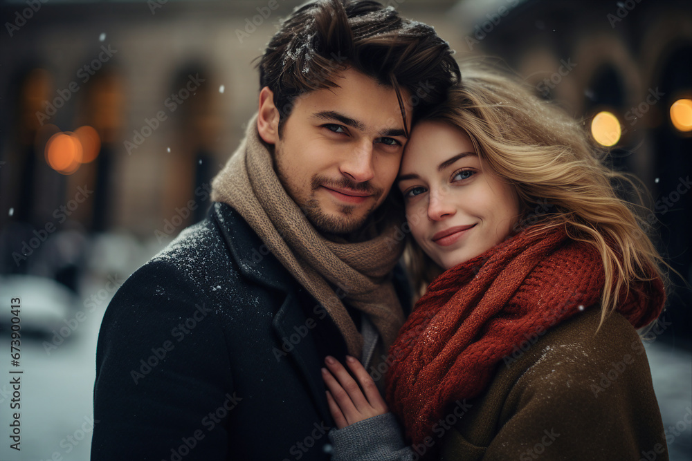 Couple portrait two lovers spending xmas time weekend ourdoors snowy Generative AI Couple portrait two lovers spending xmas time weekend ourdoors snowy Generative AI