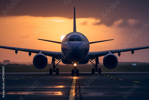 airplane landing at sunset. 