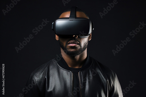 Generative AI photography of handsome man wear vr glasses gaming online isolated on dark background © Tetiana