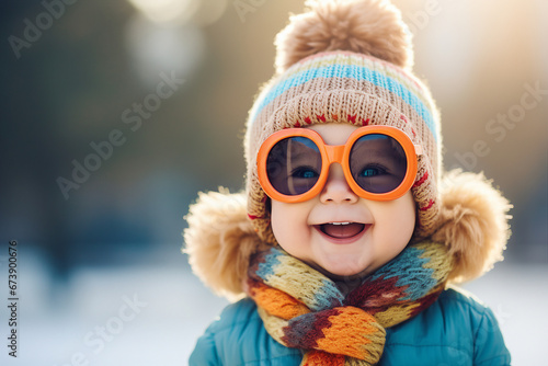 Generative AI portrait of beautiful adorable positive child walking frosty sunny snowy cold winter day outdoors