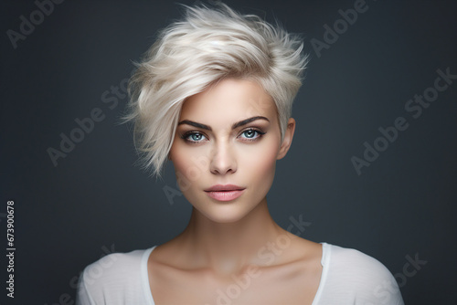 Generative AI picture of beautiful blonde woman fashion model after salon hairdresser procedure