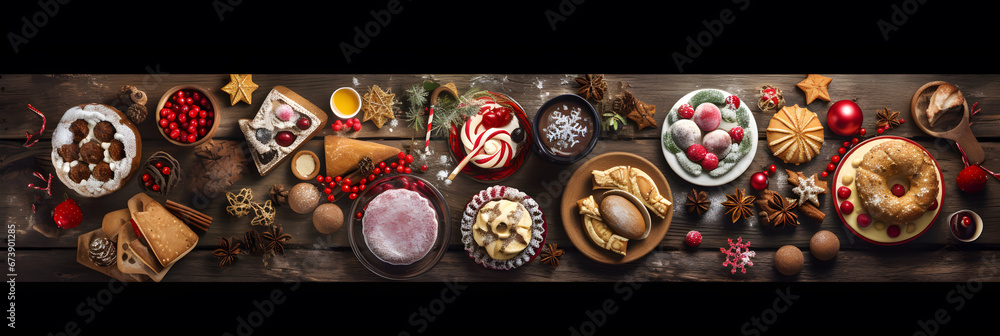 Cute Christmas sweets and cookie table scene. Top view on a rustic dark wood banner background. Fun holiday baking concept.