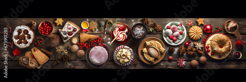 Cute Christmas sweets and cookie table scene. Top view on a rustic dark wood banner background. Fun holiday baking concept.