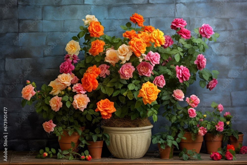 A blooming potted plant with vibrant and colorful rose flowers. Generative AI