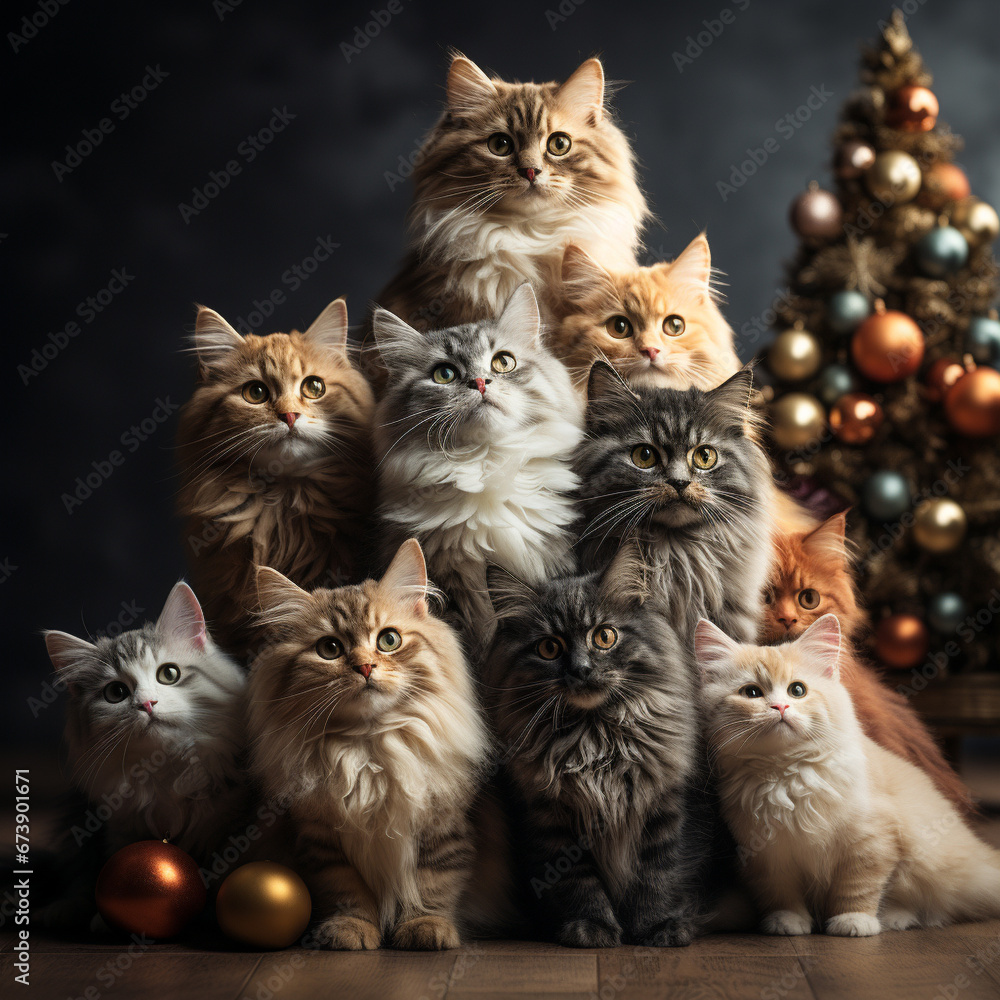 Christmas tree made of cats isolated on black background