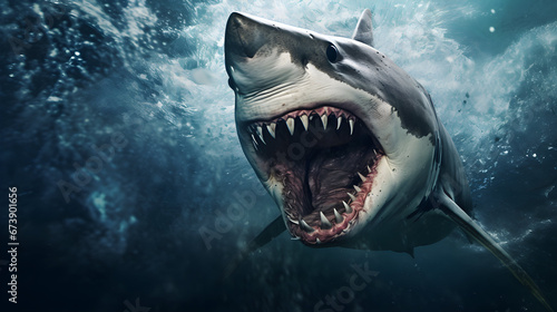 Great white shark with open mouth. Watch out sharks. Shark attack. White shark teeth. Marine dangerous predator. Anger management.
