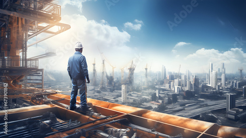 The engineer is facing with large industry background.. The construction manager on the industry background.