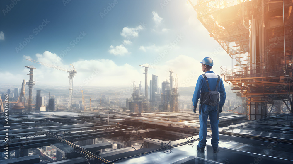 Fototapeta premium The engineer is facing with large industry background.. The construction manager on the industry background.
