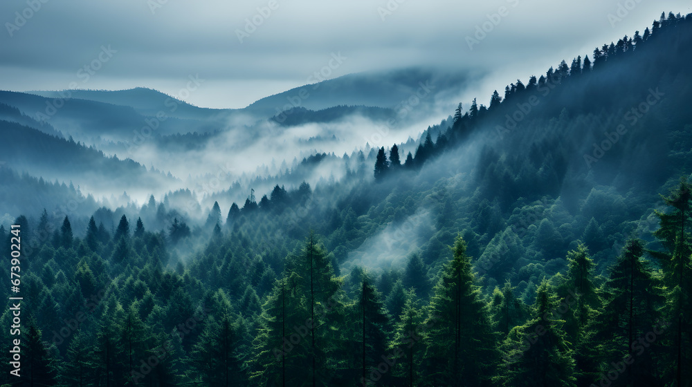 A photo of the Black Forest, with misty atmosphere as the background, during a foggy morning - obrazy, fototapety, plakaty 