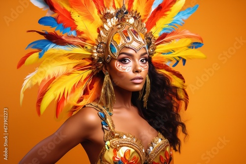 Beautiful brazilian woman in Brazilian carnival costume on yellow background photo