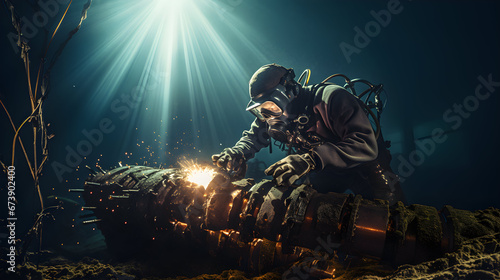 Underwater view of diver fixing a tube, seacrete, (artificial steel reef with electric current), photo