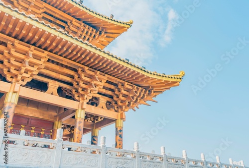 Dacheng Hall of Confucian Temple against the background of a blue sky. Liuzhou, Guangxi.